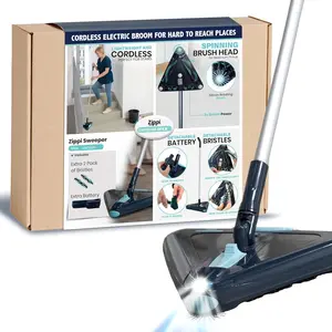 Zippi Sweeper Max - 2025 Version Lightweight Sweeper, Triangular Design Allows for Sweeping in Corners, Perfect for Short Carpet Hardwood and Tile, LED Light, 1 Hr Cleaning Time