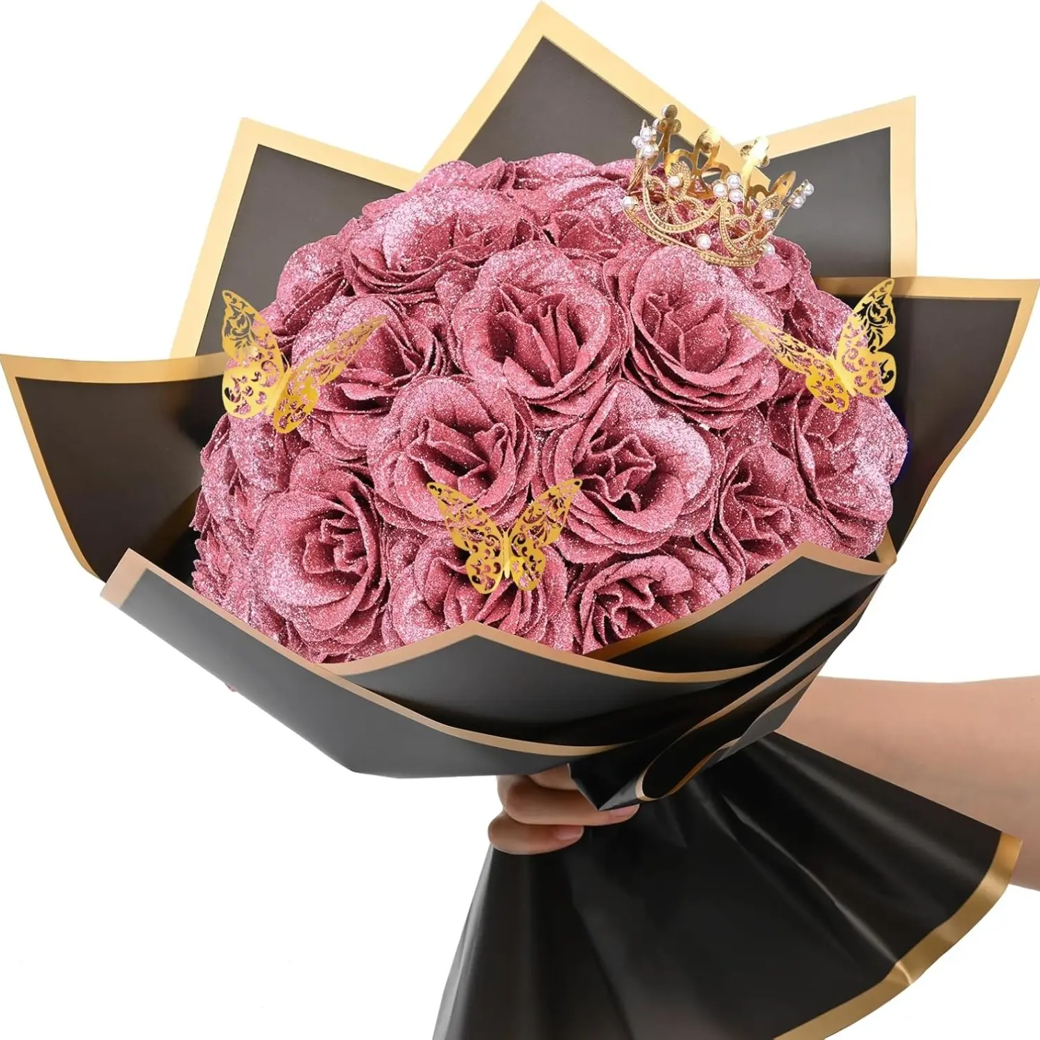Artificial Flowers Glitter Roses Bouquet, DIY Bouquet, DIY Fake Flowers, Valentine's Day Rose Gold Artificial Flower, Christmas Decoration, Faux Flower Decorations, 24 Pcs Bouquet Decorative Faux Flowers
