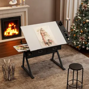 Adjustable Drawing Drafting Table Desk with 2 Drawers for Home Office and School White MDF Tiltable Top 69-91cm Height Adjustable Legs Stool Included