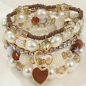 5pcs Imitation Pearl & Embellished Beaded Bracelets Teenager's Retro Fashion Multi-Layer Heart Wristband Set Romantic Valentine's Day Jewelry Gift for Girlfriend