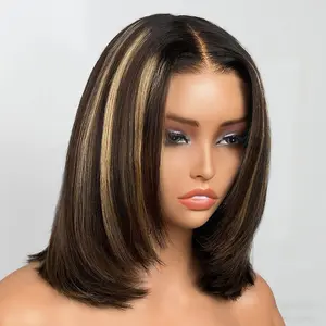 OQ HAIR 220% Density Highlight Layered Cut Bob Wigs Straight Wear Go Wig 9x6 T-Part Glueless Human Hair Wigs With Drawstring Pre-Everything for Beginner Friendly Pre-Styled Wigs