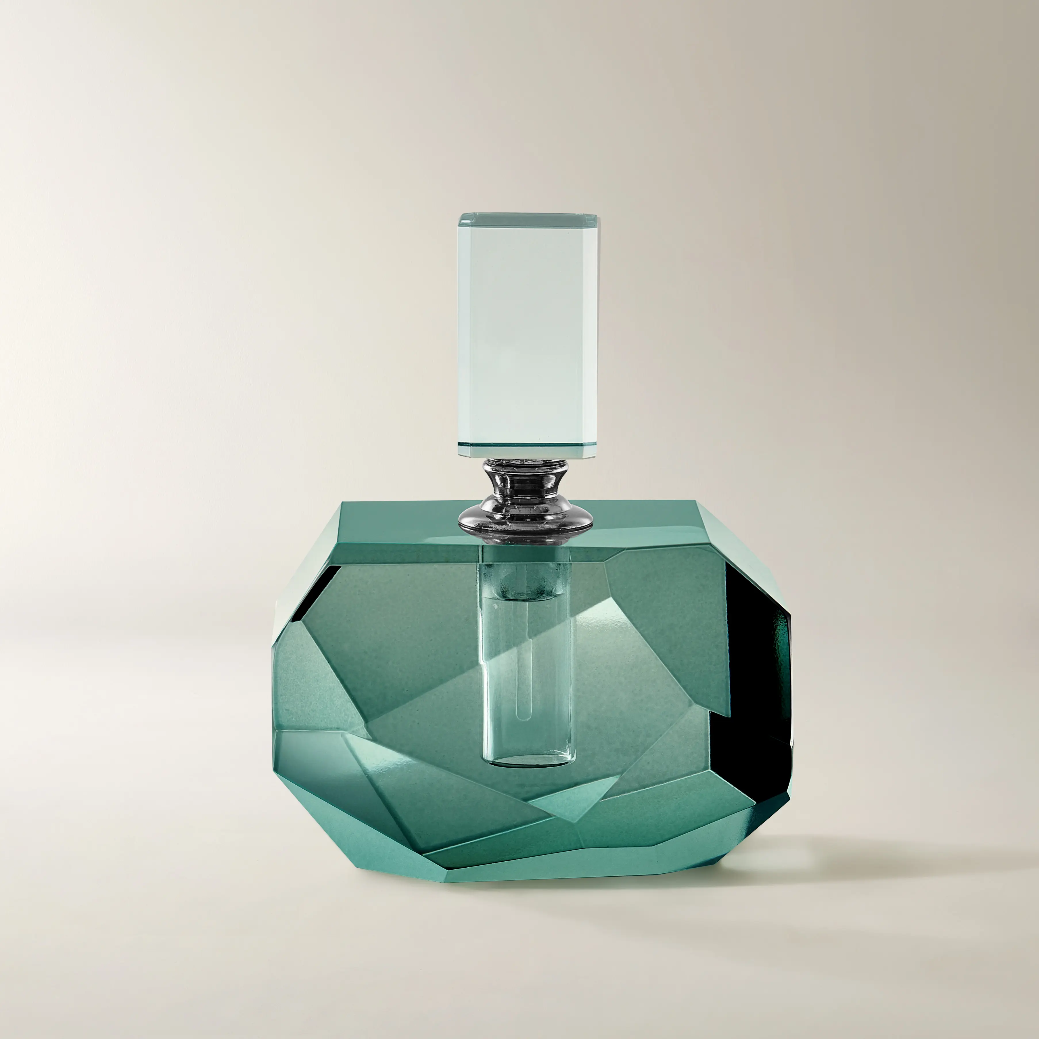 Z Gallerie Marni Light Crystal Glass Perfume Bottle - Elegant Blue Faceted Metal Decor, 4.25x3x5.5" Compact Beauty Display Vessel with Glow, Soft Teal Reflections, Gem-Like Look, Faceted Base, Jewelry Storage, Gift Box Included, Nightstand, Teal Glow, Dec