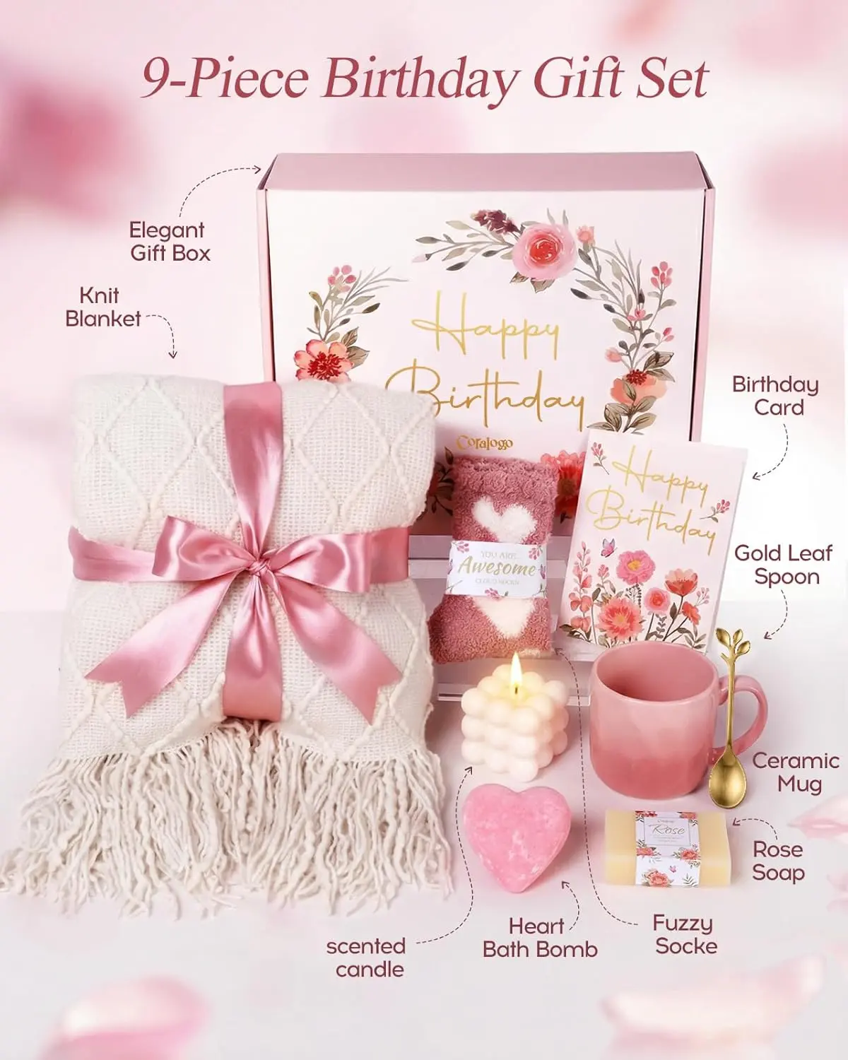 Coralogo Women's Comfortable Adult 9-Piece Fleece Home Spa Self-Care Birthday Gift Box - Pink Basket Set with Plush Knit Blanket, Ceramic Decorative Towels for Gift Giving, Floral
