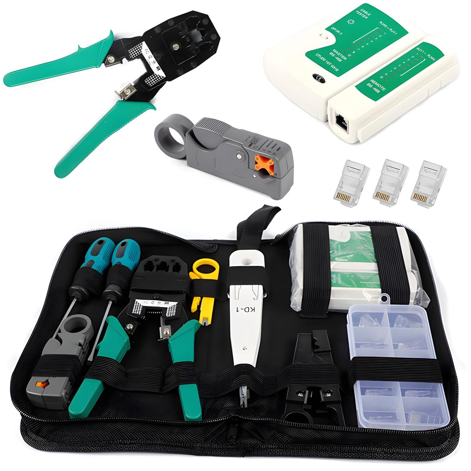 Complete 11 in 1 Network Crimping Tool Kit Includes Portable Cat5 Cat5e Cable Tester and 8P8C 6P6C 4P4C Connectors for Easy Wiring Repair