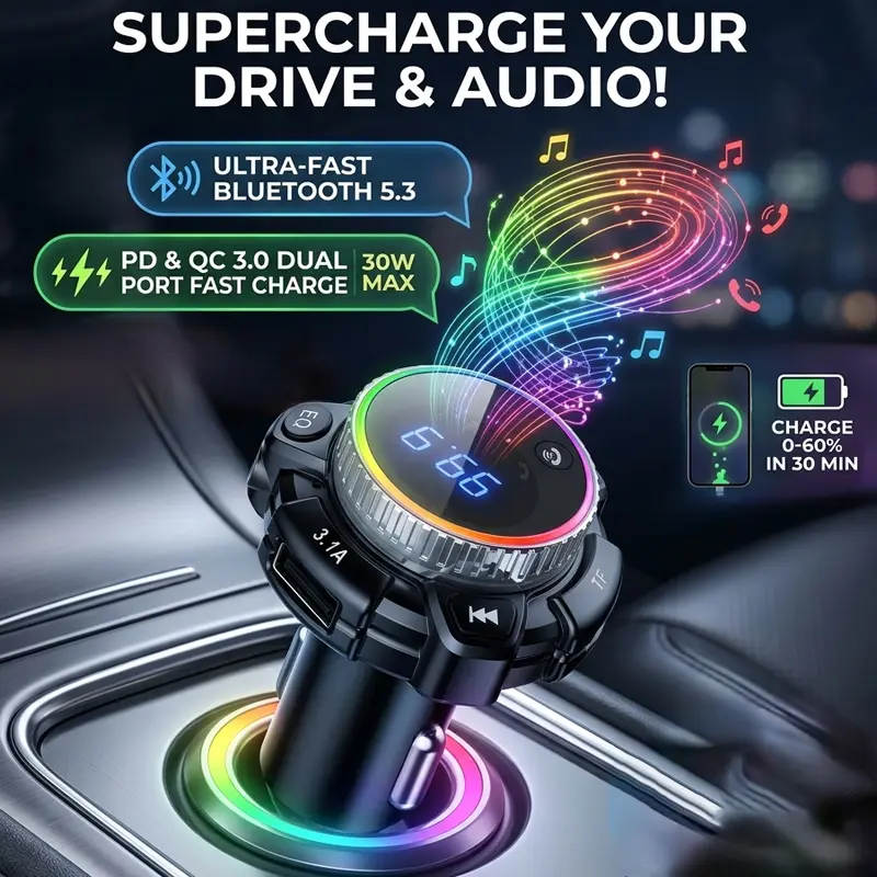 [HiFi Bass & PD Fast Charge] Bluetooth 5.3 FM Transmitter for Car, Dual USB Ports Wireless Car Charger Audio Adapter with RGB LED Light, Hands-Free Clear Calls, Support TF Card/U Disk