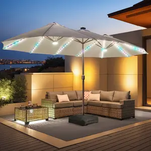 [New color!]OOSWIFT High-End 15FT Adjustable Offset Patio Umbrella with RGB Solar Lights, Oversized Outdoor Double-Sided Pool Umbrella with Crank, Solar Color-Changing & UV Protection, Rectangular Market Umbrella with Base for Garden, Deck, Backyard, Pool