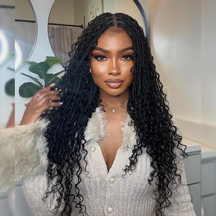 13x6 Boho Curls Braided Wigs Human Hair Pull Go Drawstring Cap HD Full Lace Frontal Wig Knotless Pre Cut Lace