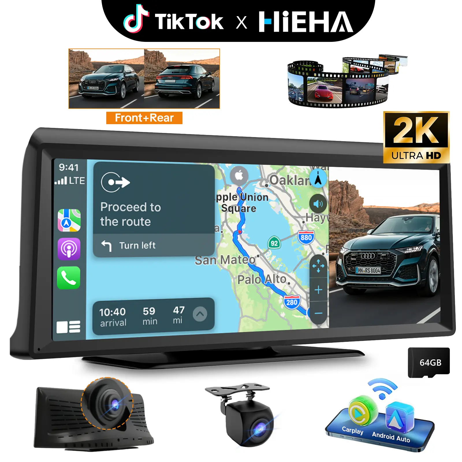 【HiEHA | TikTokShopBackToSchool】2026 Dash Cam with 8.14" Wireless CarPlay Touchscreen, Wireless Carplay & Android Auto, 1080P Backup Camera, 2K Front, Mirror Link/Bluetooth/GPS Navigation/Satellite Radio for All Vehicles