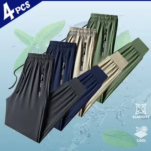 Summer | Ice Silk Sports Pants | Four-Color Combo | Stadium / Commute / Casual | High Elastic Ice Silk Fabric | Unlined | Slim Jogger Fit Outdoor Cargo Ankle Tapered Dress Wide-Leg Pleated Men's