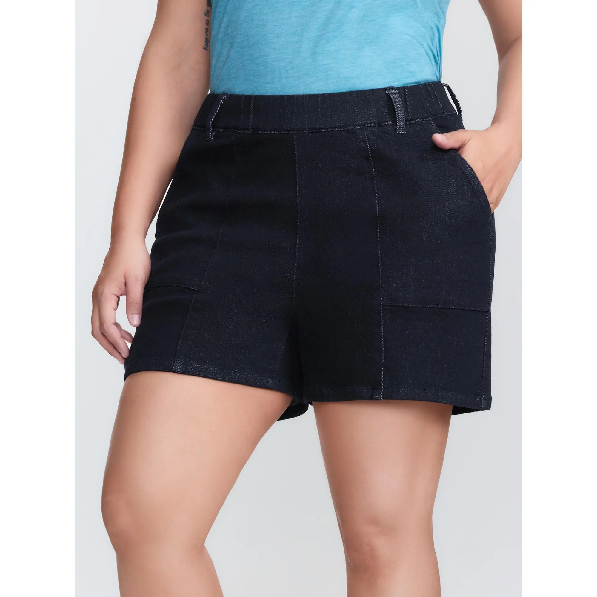 Dark Wash Denim Shorts for Plus Size Women with Tummy Control, Mid-Rise Straight-Leg Fit in High Stretch Cotton Spandex,Summerfinds