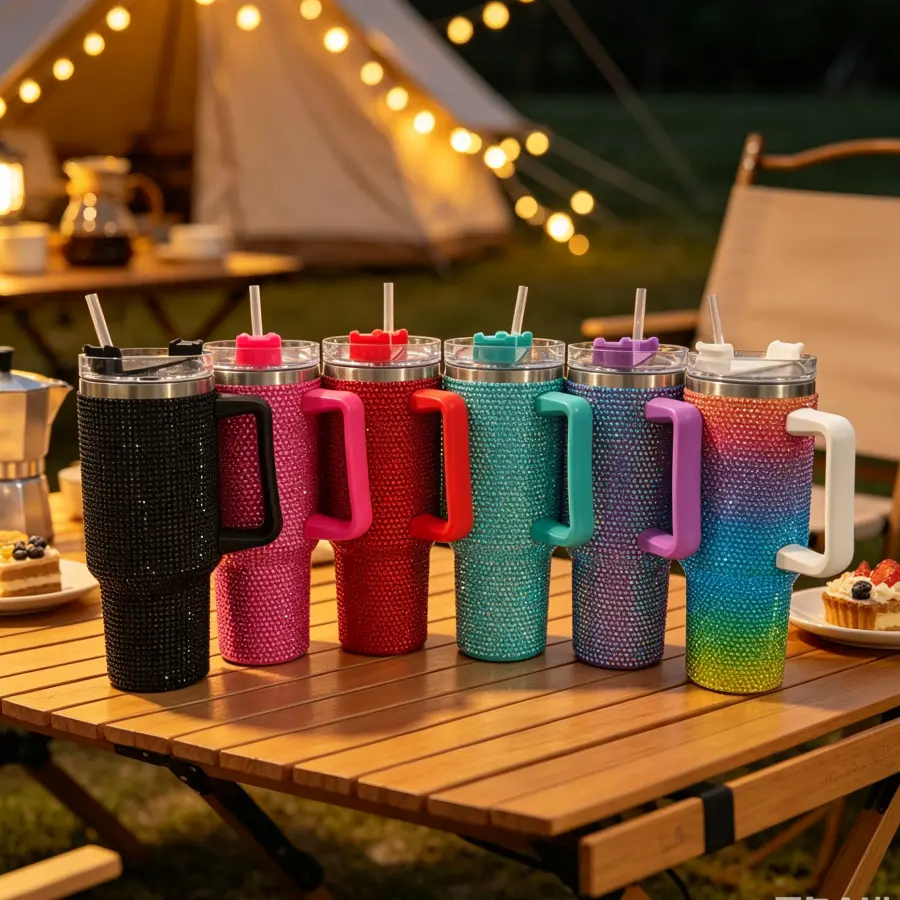 40 oz large insulated rhinestone tumbler with handle, double-wall stainless steel sparkling car cup, leakproof straw lid travel mug for outdoor camping and road trips, multicolor bling water tumbler