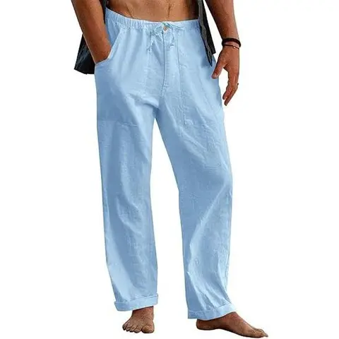 Runcati Men's Cotton Pants Yoga Beach Loose Summer Elastic Waist Drawstring Loose Pants with Pocket