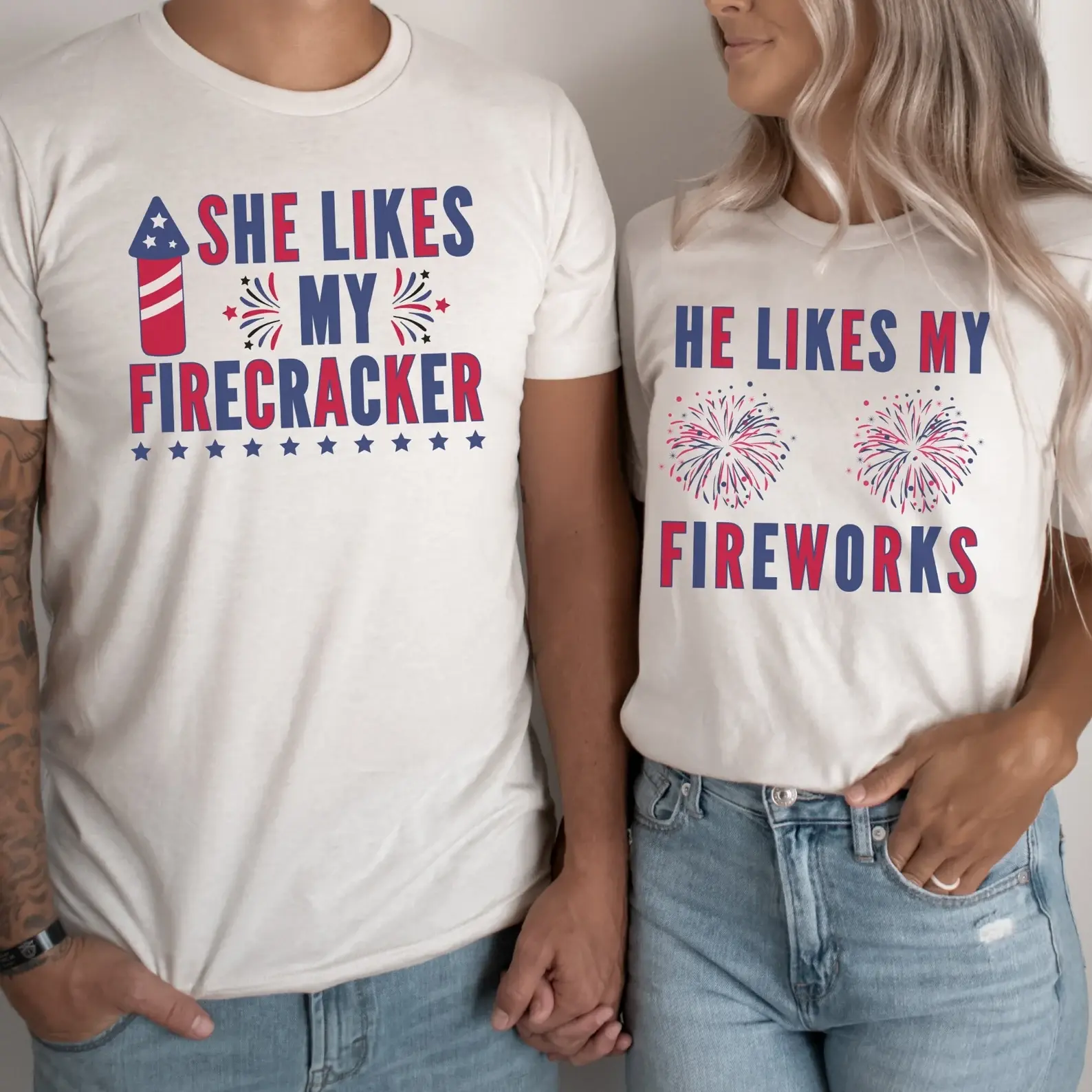 Couple 4th of July Shirts She Likes My Firecracker He Likes My Fireworks Matching Patriotic T Shirt Funny Independence Day Outfit Red White Blue July 4th Gift for Him Her