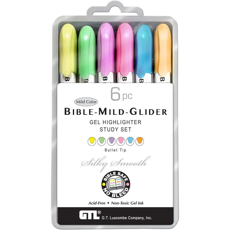 G.T. Luscombe Company Inc. Bible Mild-Glider Gel Highlighter 6-Piece Set, Archival Quality, No-Bleed Solid Tip, No Smearing/Fading, Long-Lasting Translucent Gel Ink Marker for Bible Study, Journaling Supplies, Color-Coded Tasks & Bullet Journaling