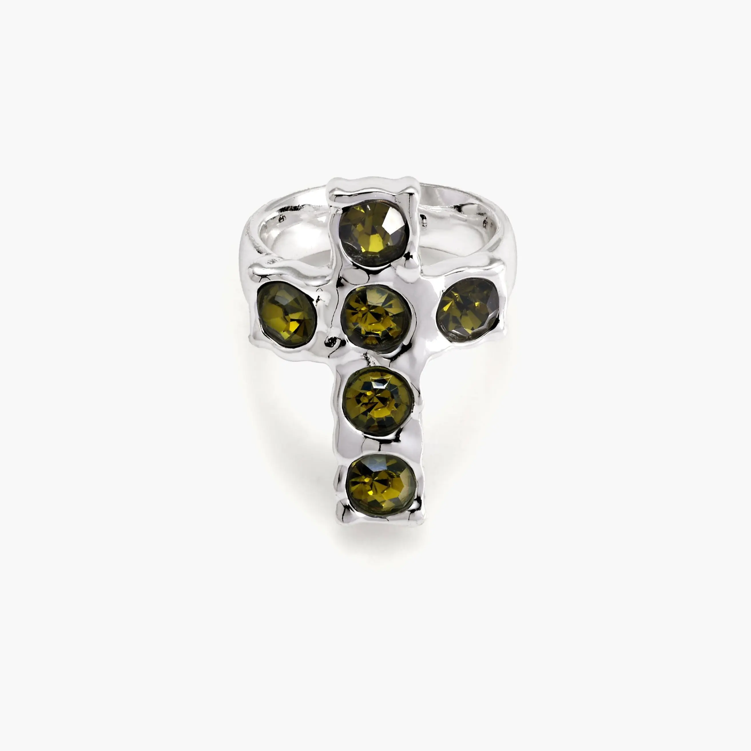 en route Rebel Cross Ring in Silver, Reimagined Cross Shape with a Raw Textured Finish and Green Gemstones, Versatile Statement for Alternative Everyday Fashion