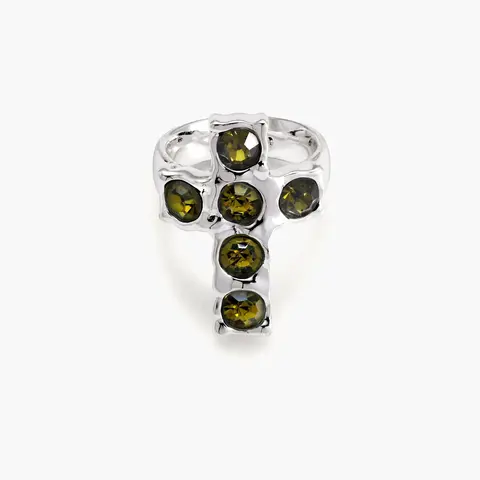 en route Rebel Cross Ring in Silver, Reimagined Cross Shape with a Raw Textured Finish and Green Gemstones, Versatile Statement for Alternative Everyday Fashion