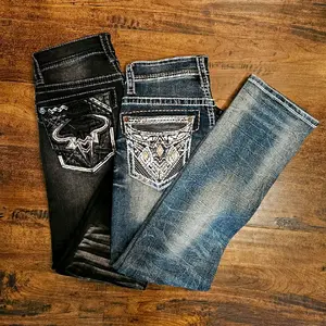 Men's Denim Jeans Cowboy Western Aztec Style Slim Straight Aztec Embroidery Menswear Pants