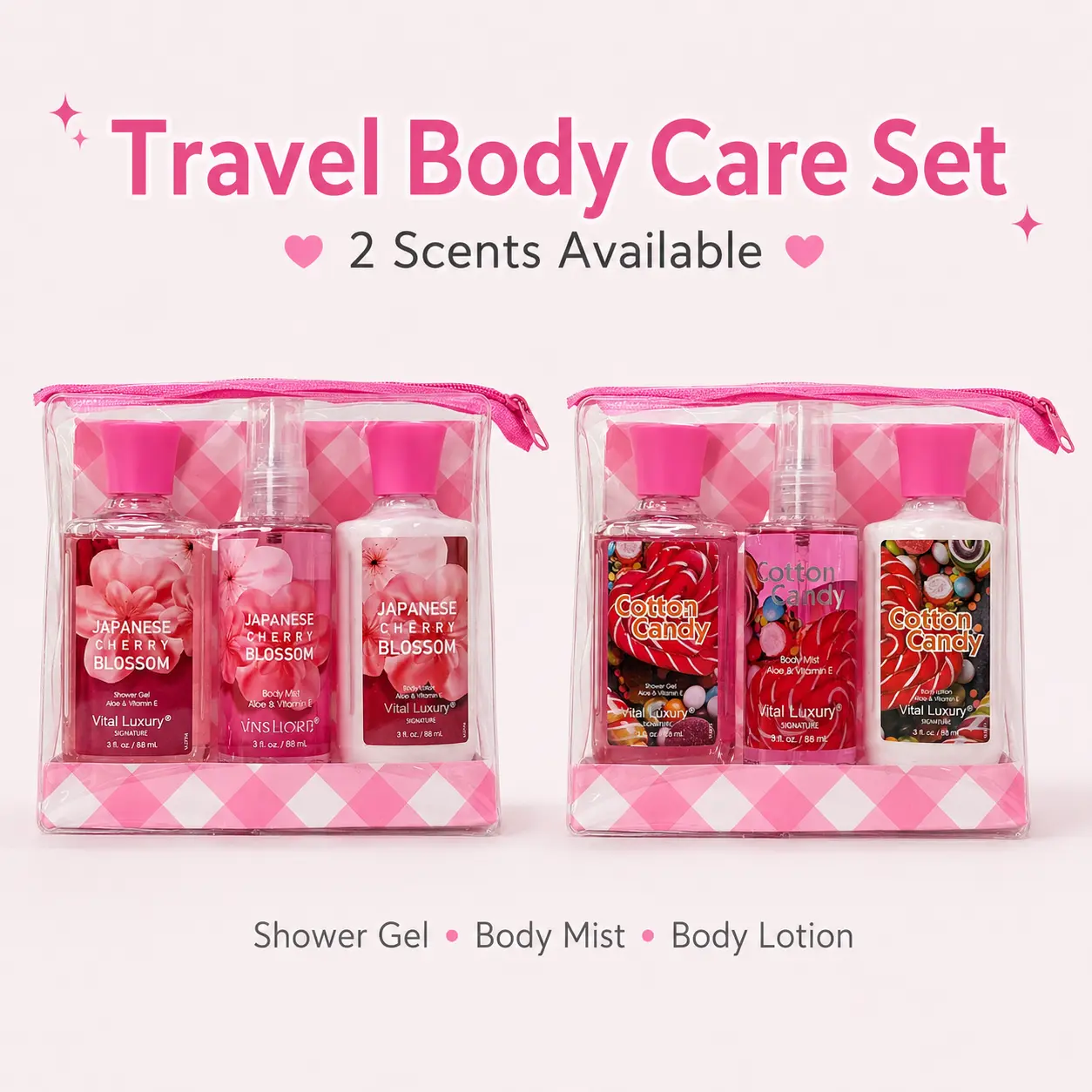 Travel Body Care Set – Japanese Cherry Blossom & Cotton Candy Scented Shower Gel, Body Mist & Body Lotion – Mini Skincare Gift Set for Women, 3×88ml