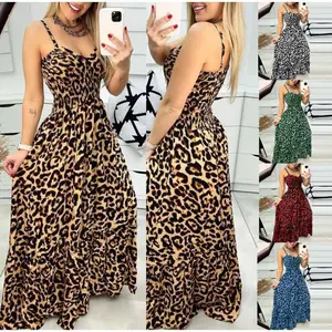 Sexy And Stylish Leopard Print Suspender V-neck Dress With High Waist Long Skirt For Women Beach Breathable Casual Fit