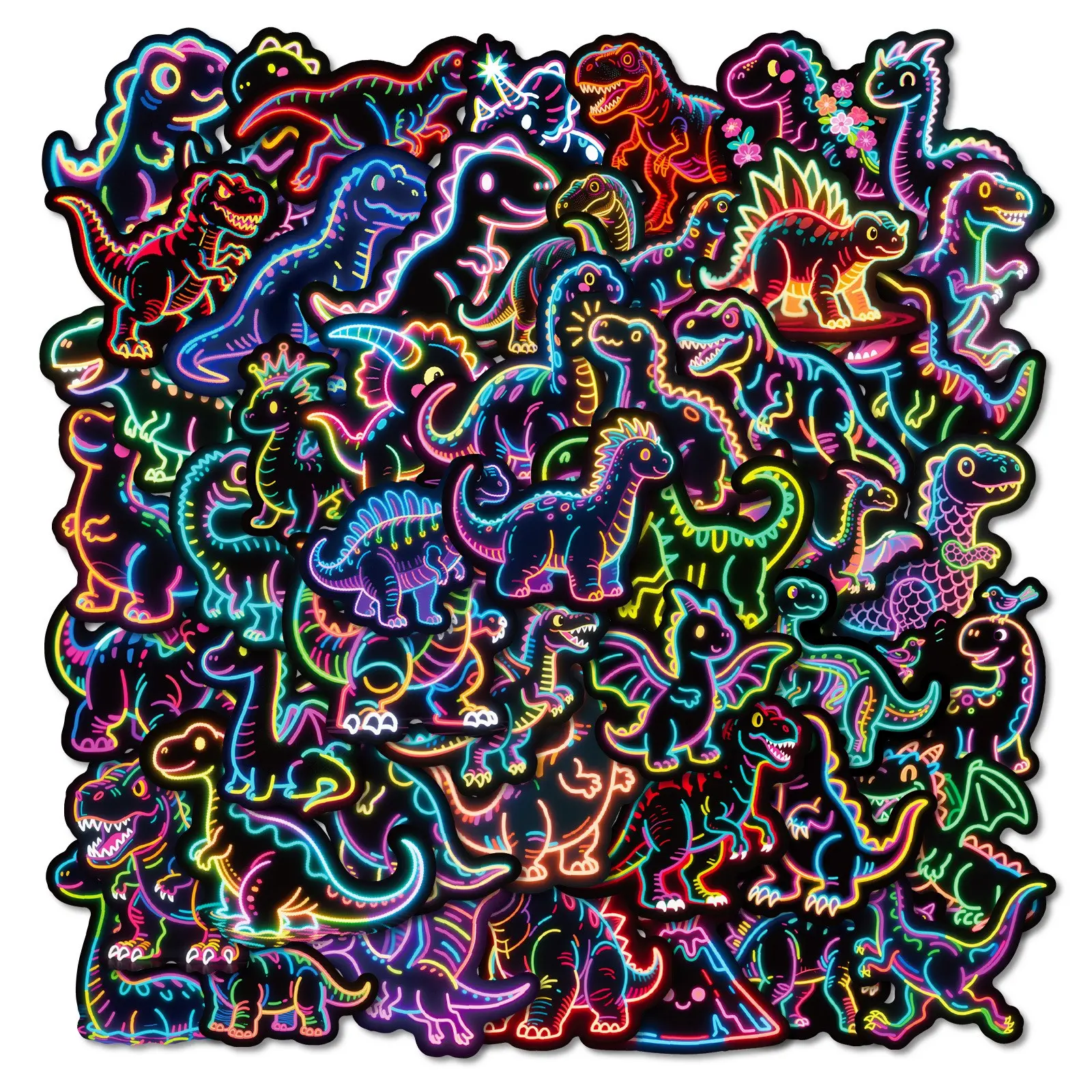 56 Pcs Cute Neon Dinosaur Sticker Pack, Decal Sticker, Creative Craft Kit Scrapbooking, Classroom Rewards Prizes for Kids, Waterproof Vinyl Stickers for Water Bottles Scrapbook Journal Notesbook Bento Boxes Skateboard Cup etc
