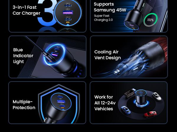 UGREEN 130W Car Charger with 3.3FT Cable, USB-C Input, Compatible with iPhone 17 16 Pro Max, Galaxy S24 Ultra, iPad, Car Accessories Deals for You,September Restock，TikTokShopBlackFriday ,TikTokShopHolidayHaul