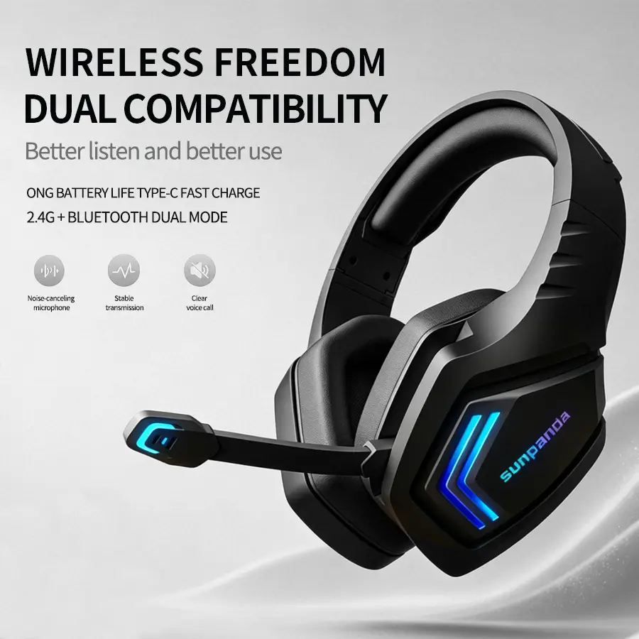Wireless gaming headphones for PS5, PS4, PC, laptops, Mac and switches, dual low latency 2.4GHz USB/Type-C, Bluetooth gaming headphones with ENC microphone, for Gamecube, 3D stereo, color light, 50H power supply