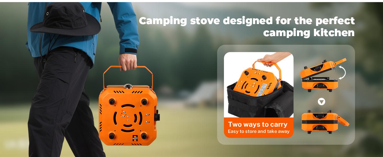 Camping Stove, 2 Burner Propane Stove With Grill,Foldable Camping Stove Propane Includes Carry Bag Stove with Griddle ,Adjustable Burners & Piezo Ignition for Tailgating,BBQ,Camp