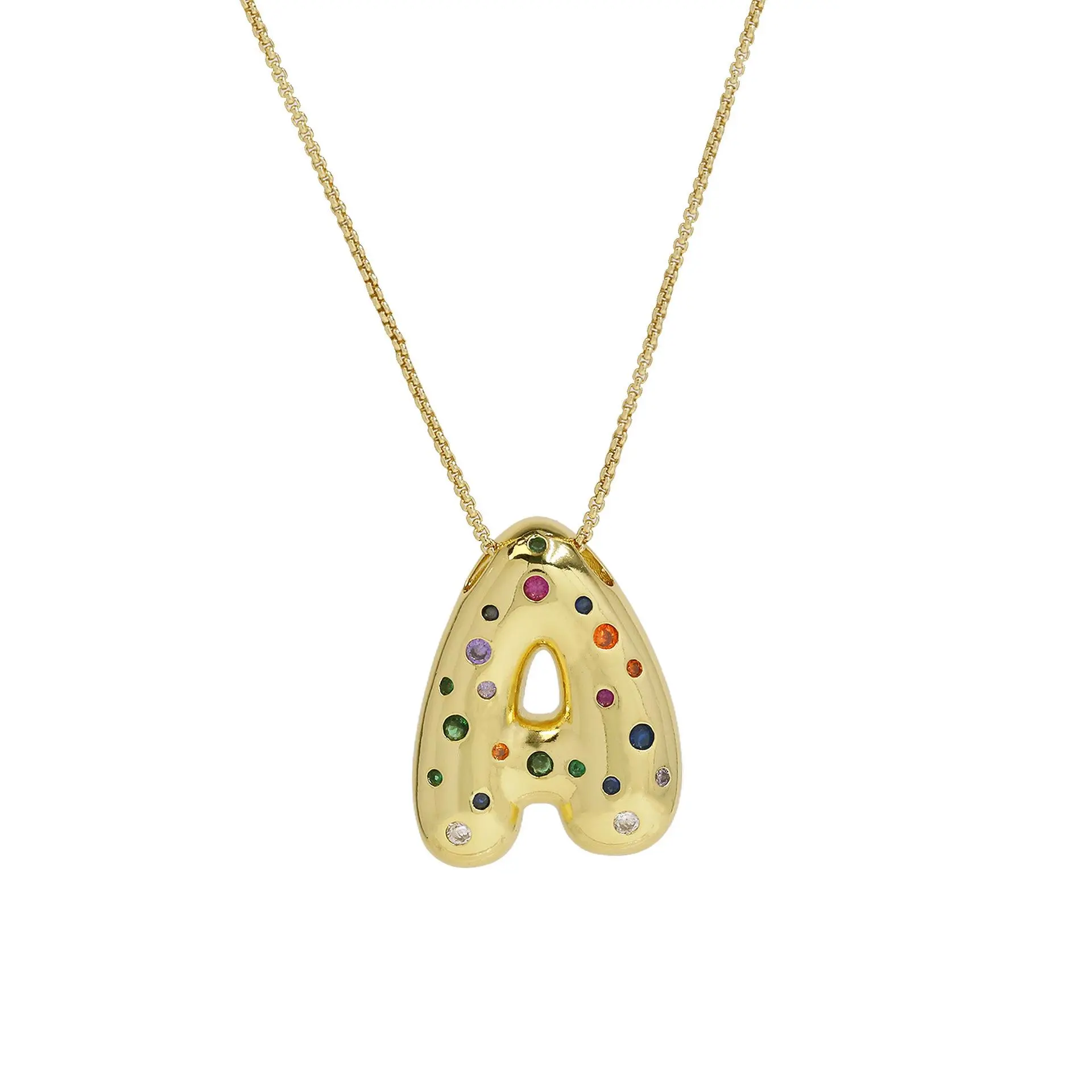 Initial Letter Bubble Pendant Necklace with Colorful Zircon Stones, Large Brass Puffy Charm for Women's Clavicle Jewelry, Bubble Pendant Necklaces, Zircon Stones Necklace