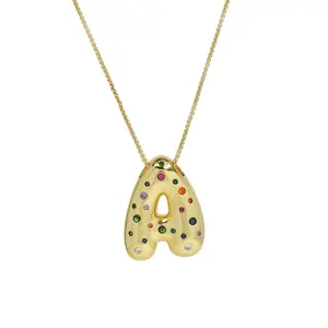 Brass Large Smooth Surface Colorful Zircon 26 English Letters Bubble Pendant Clavicle Necklace