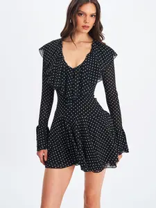 Omari Black Chiffon Polka Dot Ruffled Neckline Mini Dress