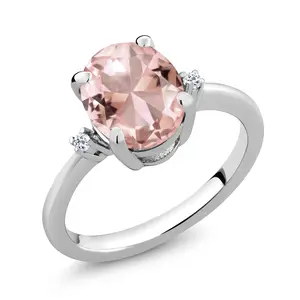 2.36 Cttw Peach Nano Morganite and White Topaz 3-Stone Ring For Women | 925 Sterling Silver | Oval 10X8MM | Three Stone Wedding Engagement Anniversary Promise Ring For Women