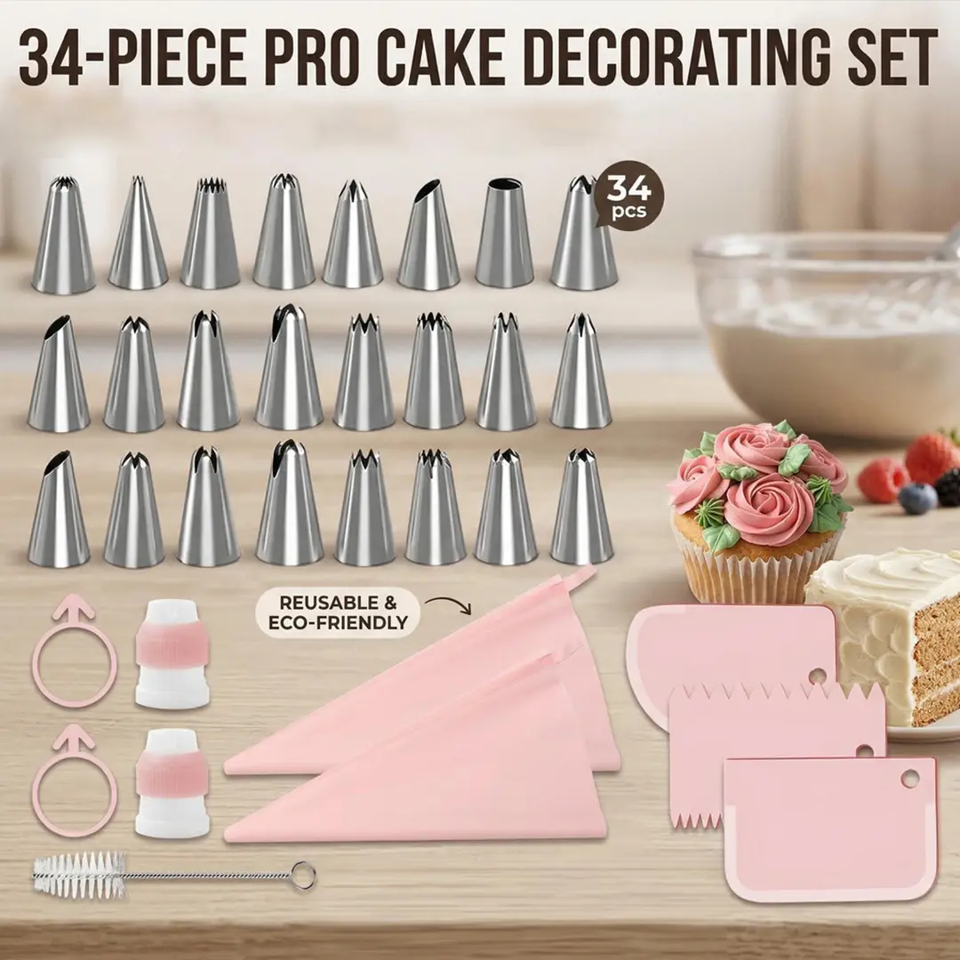 34PCS Cake Decorating Kit - Stainless Steel Piping Tips, Reusable Pastry Bags & Scrapers, Baking Tools for TikTok Cake Decorating & Cupcake Decorating