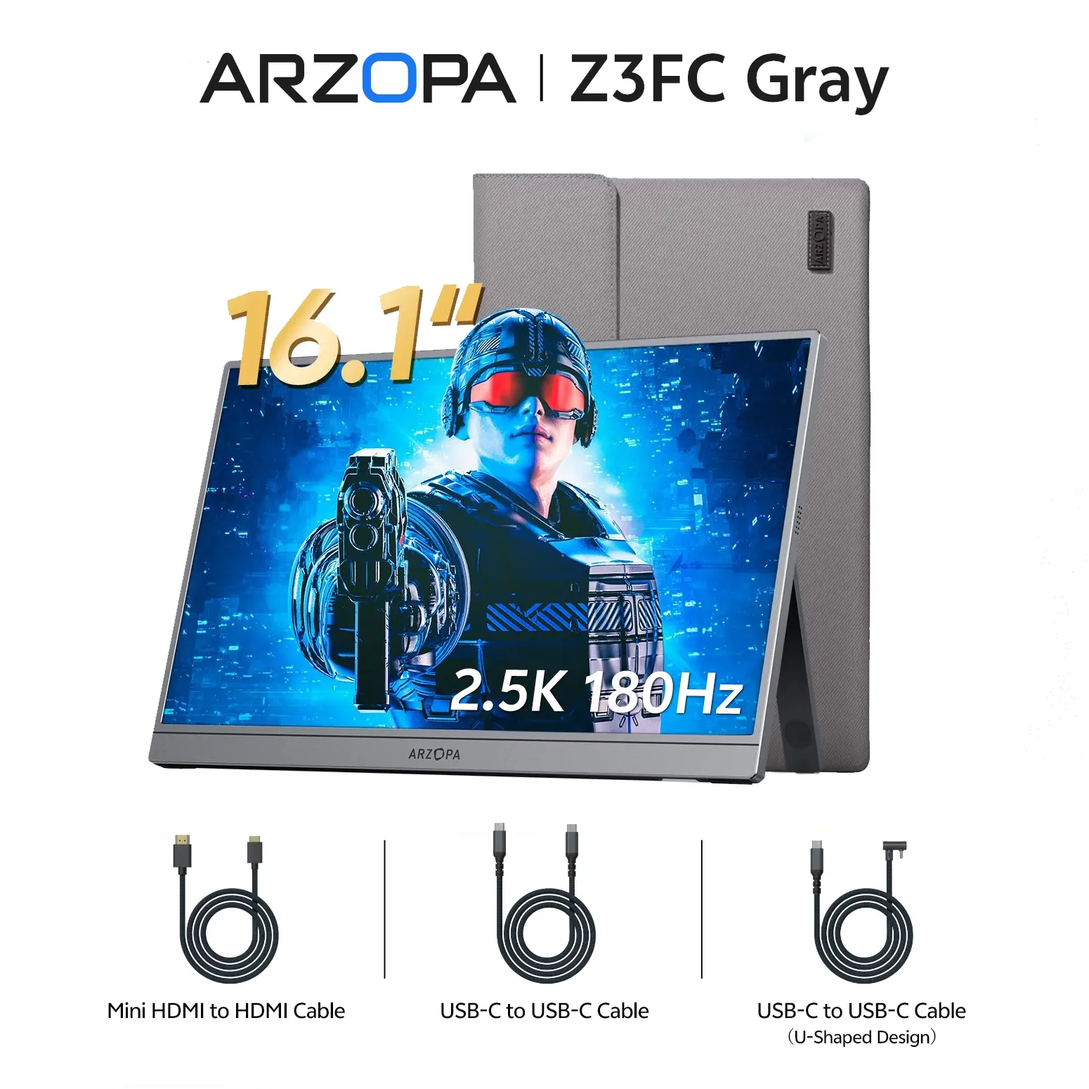 ARZOPA Z3FC, 16.1" 2.5K 180Hz, Portable Gaming Monitor, 107% sRGB, 2560x1440 QHD, Slim External Second Screen for Laptop PC PS5 Mac Xbox with Built-in KickStand & Dual Speakers