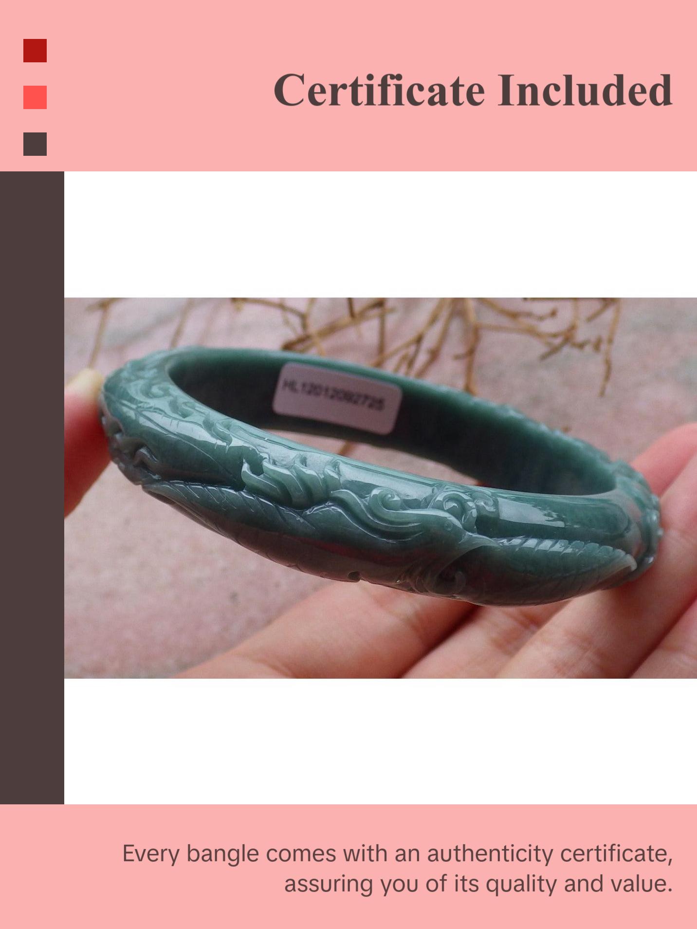 Certified Hand Carved Green 100% Natural Myanmar Burma A JADE Jadeite Phoenix Circle Bangle Bracelet 59mm