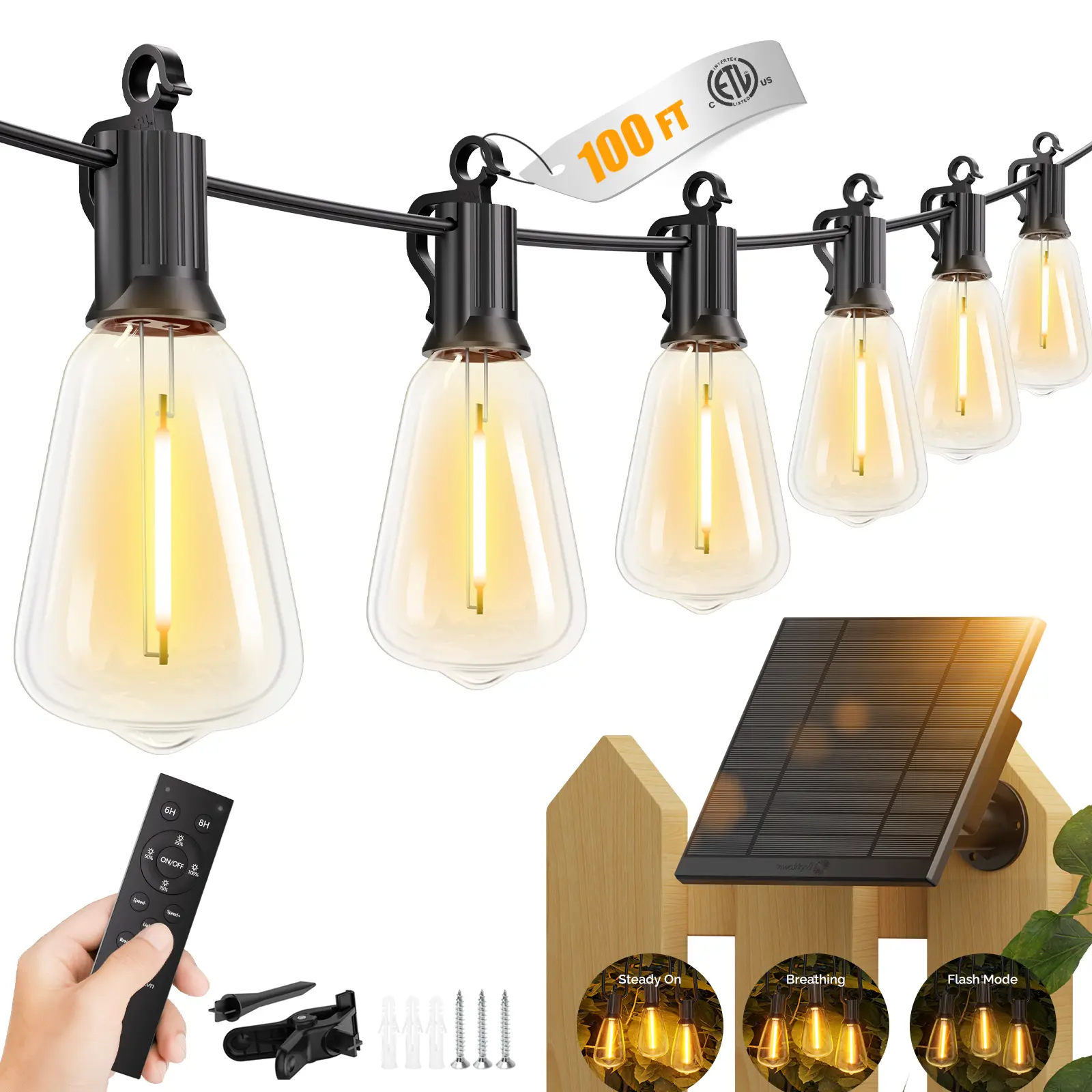 Brightown 100FT Solar String Lights Outdoor Waterproof with Remote, 31+2 LED Shatterproof Bulbs, Dimmable & Timable, 3 Light Modes, Solar Lights for Backyard Party Patio Decor - 26Hrs Runtime