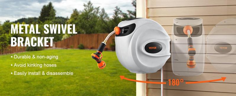 VEVOR Retractable Hose Reel, Max 130'x1/2" Garden Water Hose Reel with 9-Pattern Nozzle, 180° Swivel Bracket Wall-Mounted, Automatic Rewind, Lock at Any Length, with Slow Return System VEVOR Retractable Hose Reel, Max 130'x1/2" Garden Water Hose Reel with 9-Pattern Nozzle, 180° Swivel Bracket Wall-Mounted, Automatic Rewind, Lock at Any Length, with Slow Return System