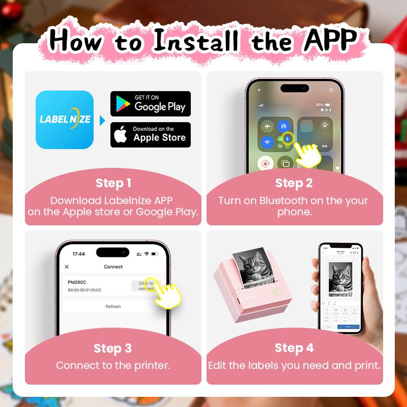 PM290C Sticker Printer Thermal Mini Printer, Bluetooth Print with Roll of Paper, Portable Print for Phone & Tablet, Sticker Maker Machine for Notes, Photos, Journal, Ideal Gift for Valentine's Day