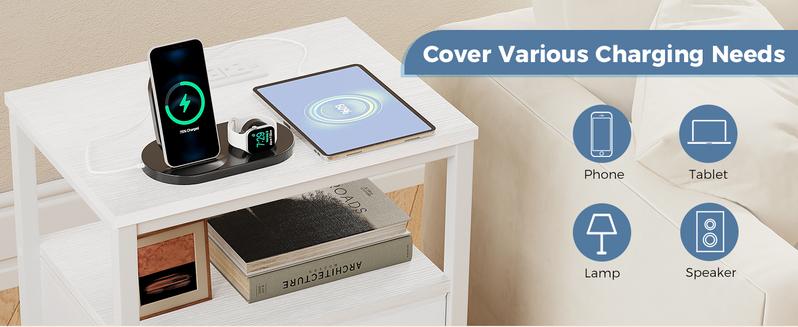 Nightstand with Charging Station and 2 Fabric Drawer, Bedside Table Furniture with USB Ports and Outlets