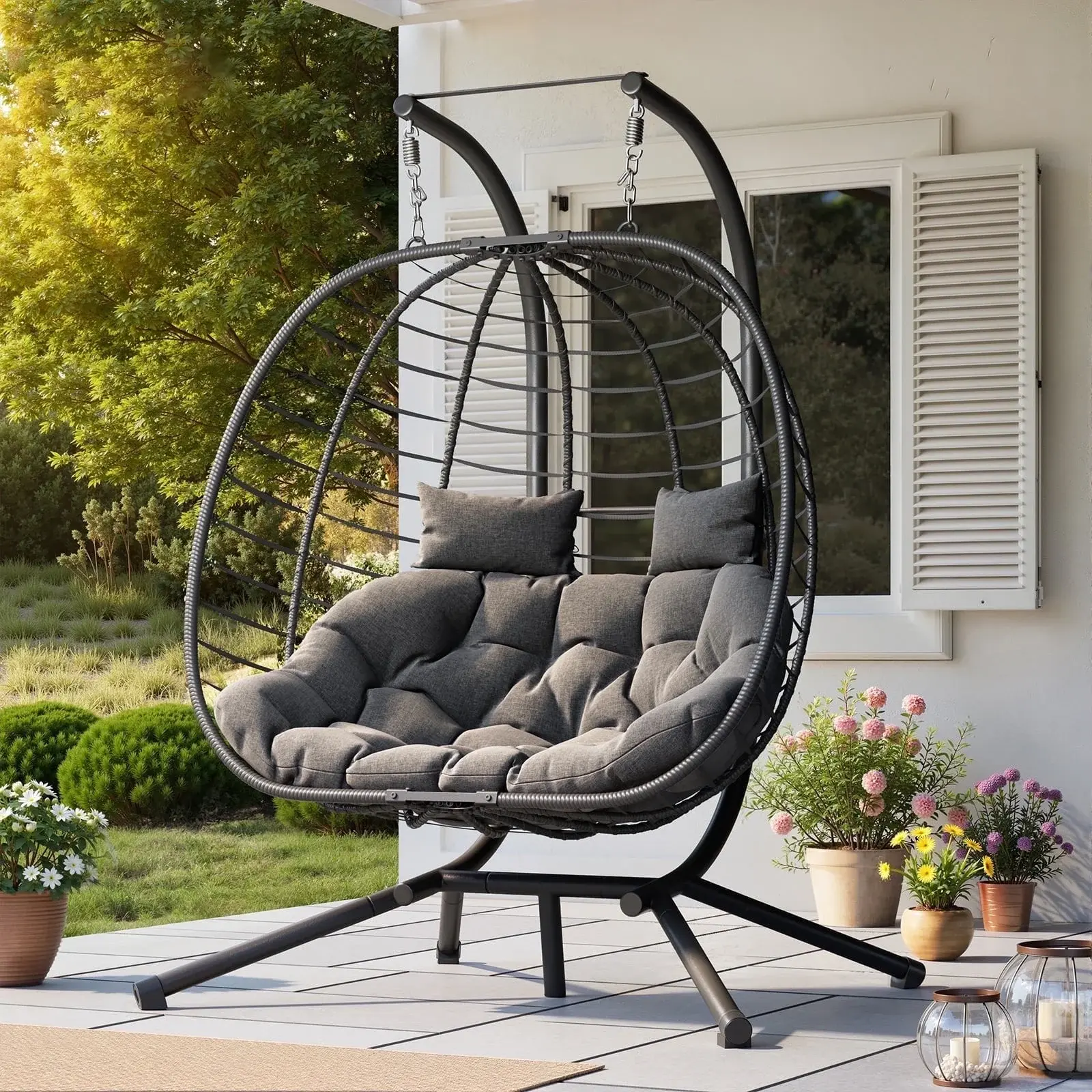 UDPATIO Double Wicker 2-Person Foldable Hanging Egg Chair with Stand, Porch Swing Loveseat, Outdoor Patio Furniture for Balcony,home decor,camping essentials