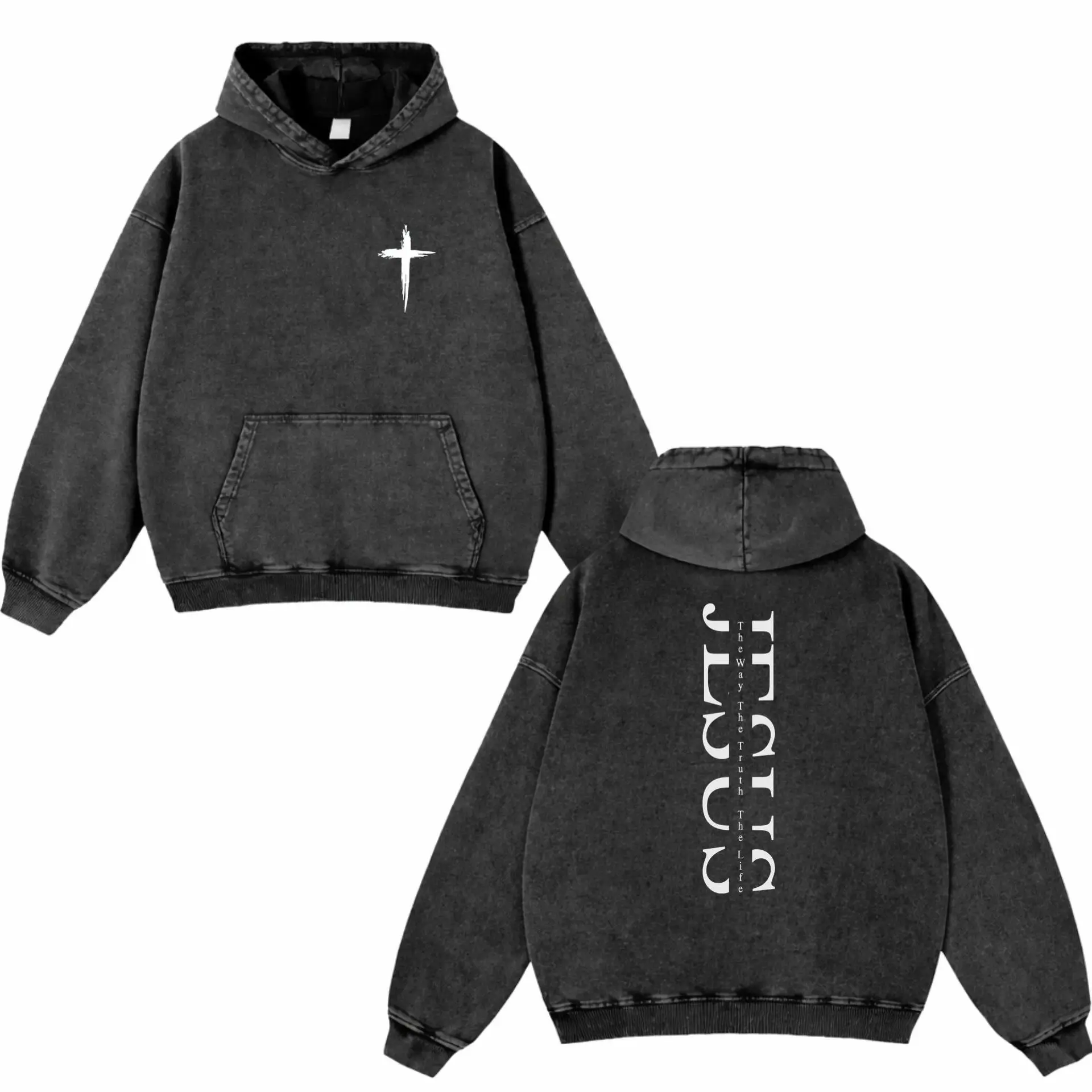Jesus The Way The Truth The Life Washed Hoodie, Christian Apparel, Oversized Menswear And Women Menswear Tops, Gym Pump Cover, Hip Hop Y2K Graphic Apparel, Gift for Fans