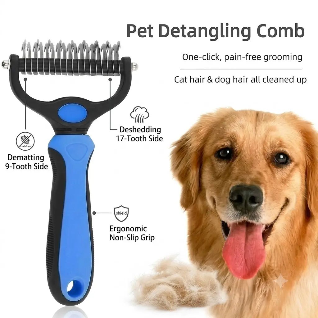 Pet Grooming Brush,Pet Hair Removal Tool,Double Sided Hurtless Shedding and Dematting Undercoat Rake Comb for Dogs and Cats,Effective Shedding Removal & Matted Hair Tamer,No More Nasty Shedding or Flying Hair,Accessories for Large Dogs,Cool Dog Stuff