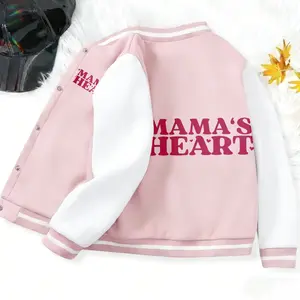Pink & White Kids' Unisex Color Block Baseball Jacket Mamas Heart Casual Button-Up Varsity Coat Soft Warm Fabric for School & Daily Wear Classic Contrast Sleeve Design with Striped Cuffs & Hem