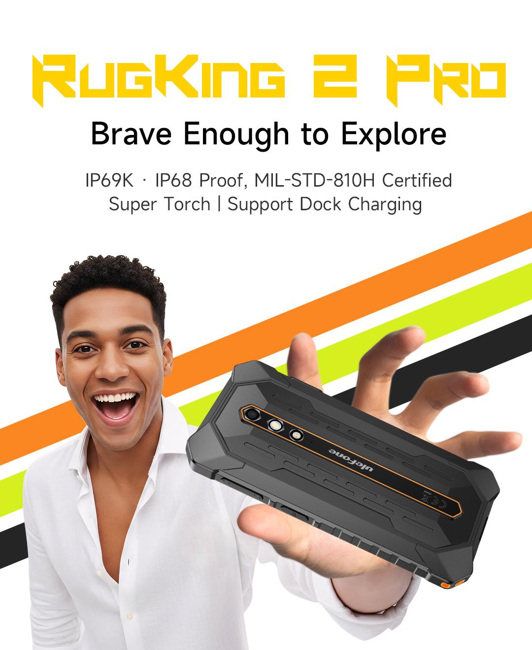 Ulefone RugKing 2 Pro Rugged Phone, 8(4+4) GB+128GB Octa-Core, 4500mAh, Android 15 Waterproof Phone, 5.45" HD+ Corning Gorilla Screen, 13MP+5MP Camera, Dock Charging, Al Assistant(Gemini), Orange