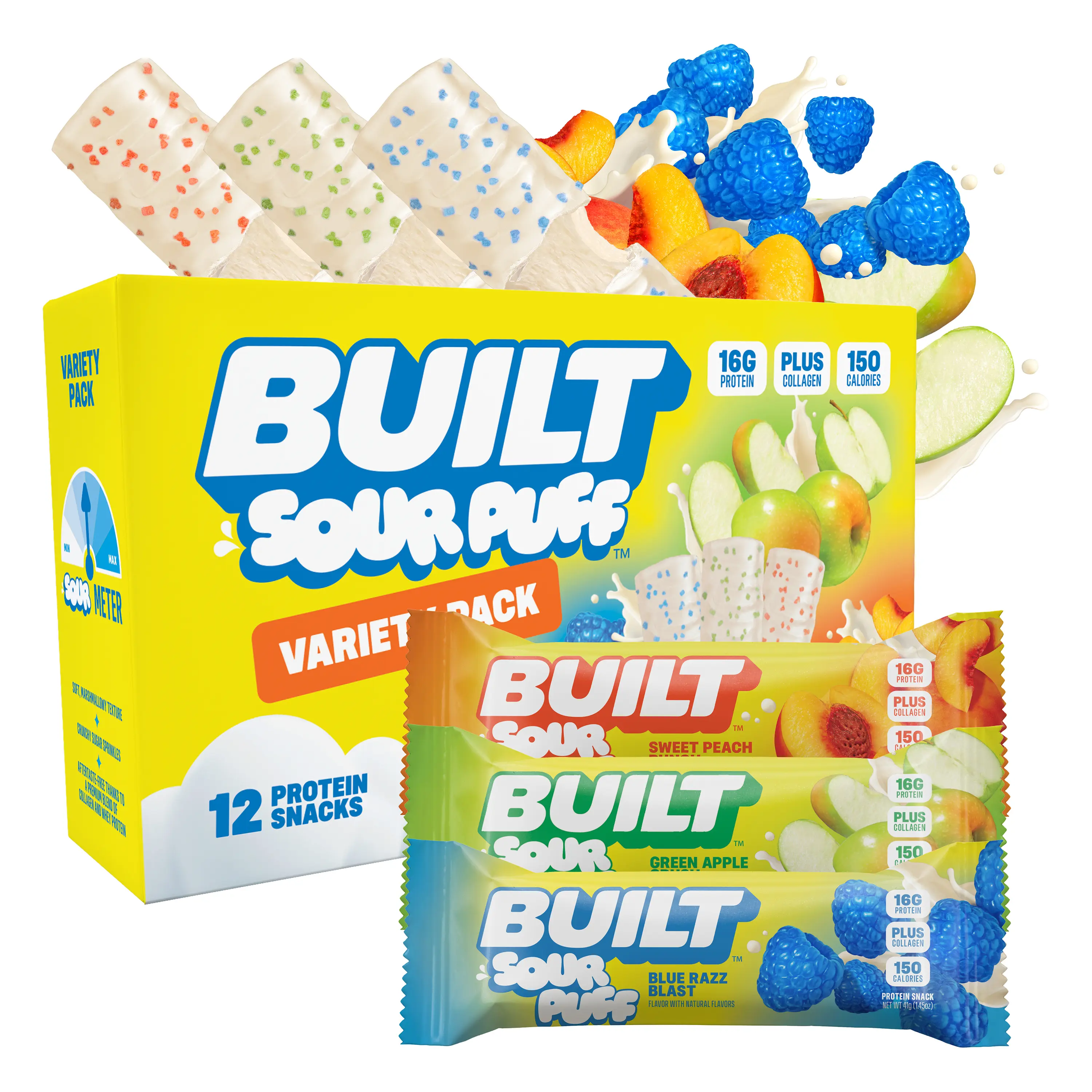 Official Built Bar Sour Puff Variety Box Triple Flavor Mixed Pack, Gluten Free Collagen Protein Candy Snack Bars 12 Count Box 16g Protein 150 Calories
