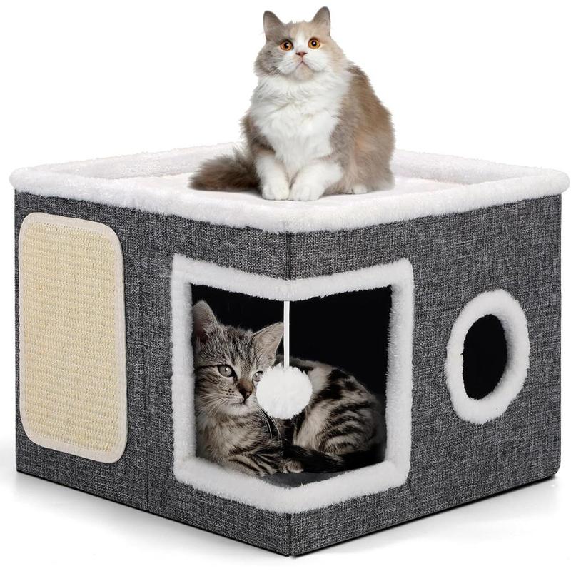 Extra Large Cat Condo Foldable Two Story Sisal Scratching House with Removable Washable Mat Soft Nest for Kittens Adult Cats Multi Functional Pet Furniture