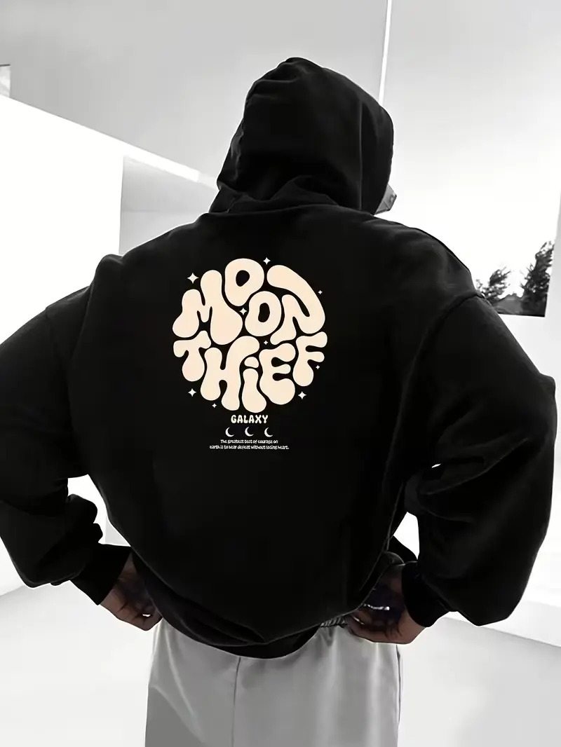 Moon Thief Galaxy Retro Bubble Letter Back Print Fleece Pullover Hoodie, Cosmic Aesthetic Streetwear Long Sleeve Sweatshirt For All Seasons