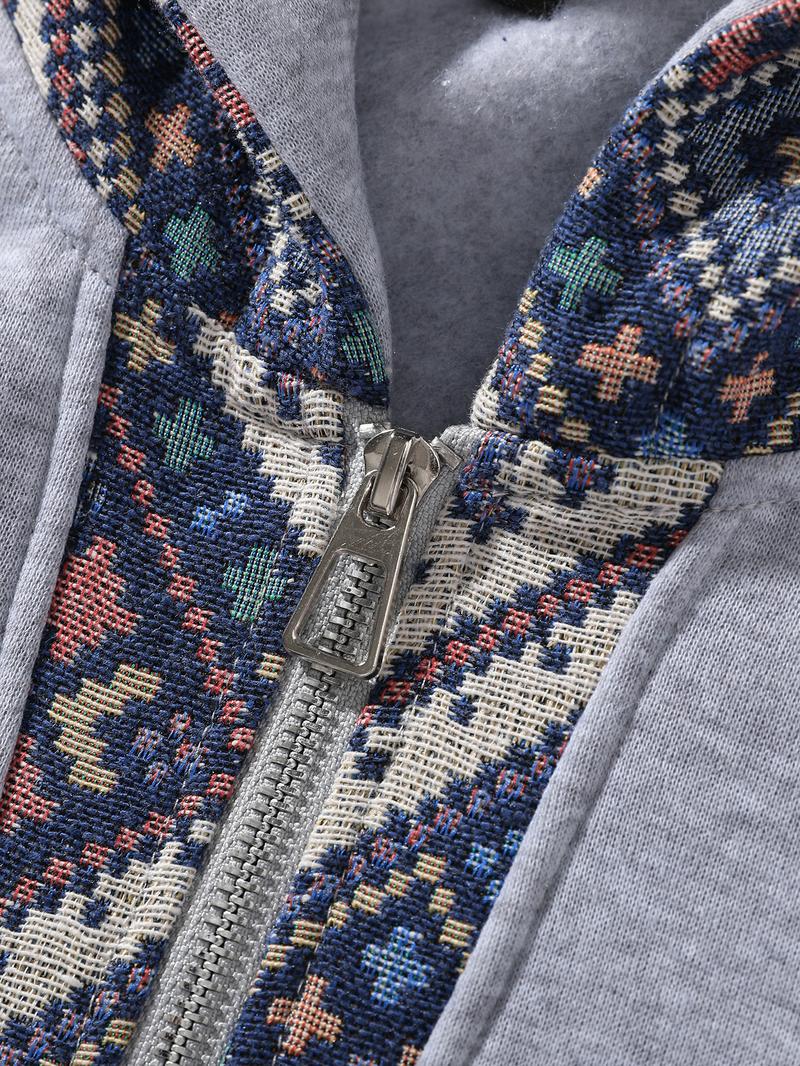 Men's Thick Knit Half-Zip Hoodie with Patchwork Contrast Color Design - Retro Ethnic Style, Fitted Silhouette, Warm & Cozy for Fall Outfits