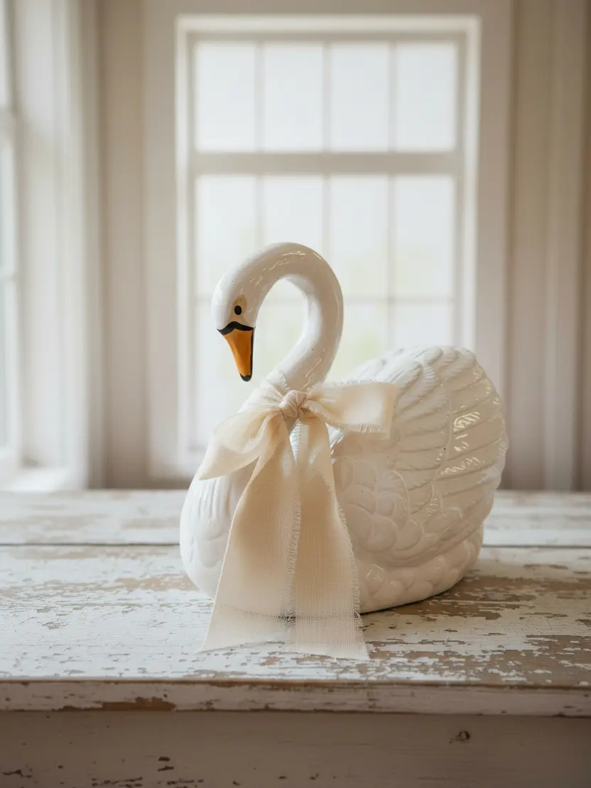 Stoneware Swan Hand-Detailed Feathers Bookend Cottagecore
