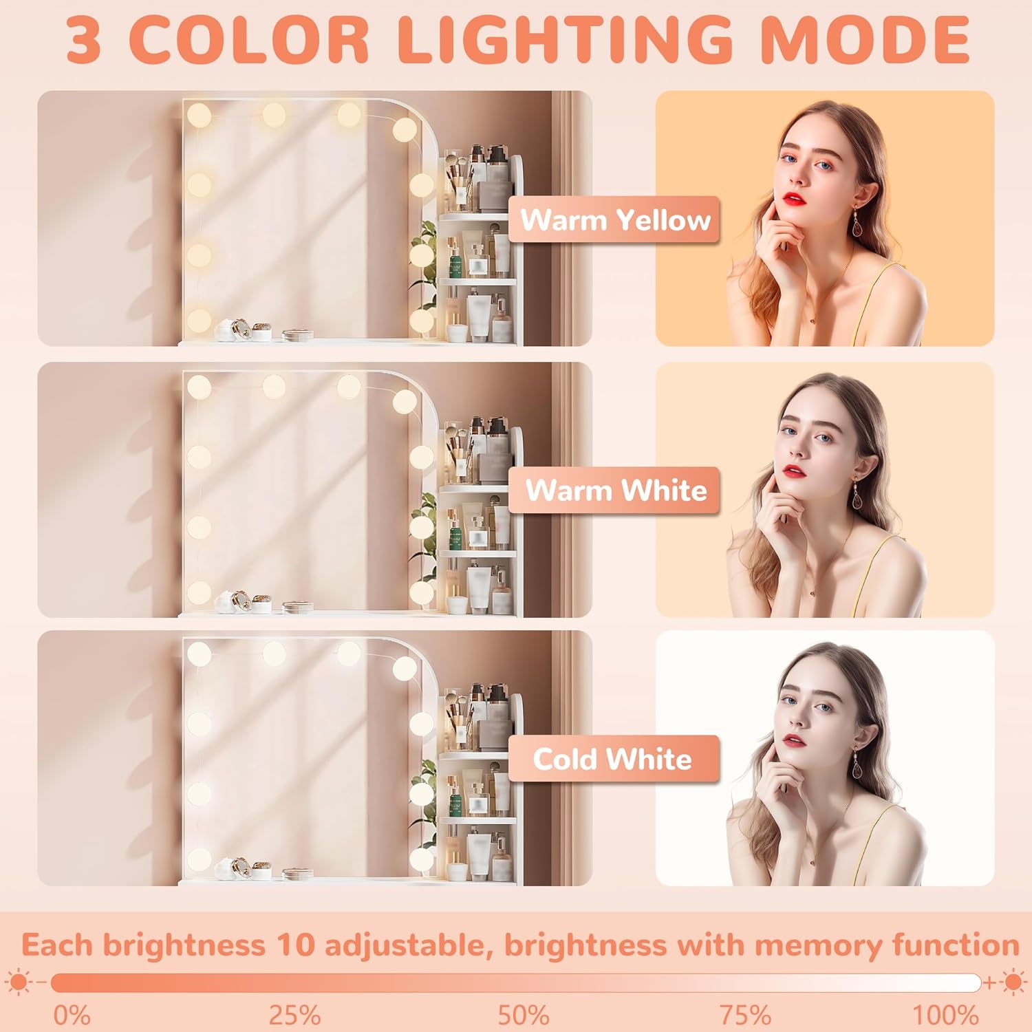 34.25" White Lighted Makeup Vanity | Power Outlet + 3 Lighting Modes  | Lighted Vanity Desk with Mirror | Foldable Shelf + 6 Storage + Large Drawer