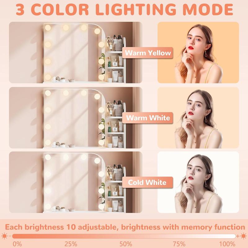 34.25" White Lighted Makeup Vanity | Power Outlet + 3 Lighting Modes  | Lighted Vanity Desk with Mirror | Foldable Shelf + 6 Storage + Large Drawer